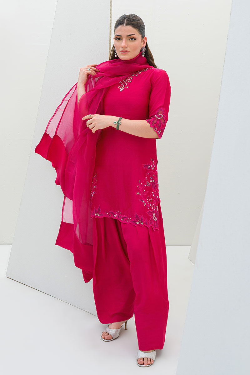 Hot Pink Organza Appliqué Salwar Kameez (3-Piece) - Image 1