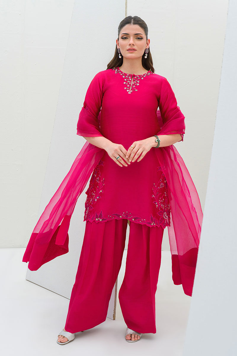 Hot Pink Organza Appliqué Salwar Kameez (3-Piece) - Image 2