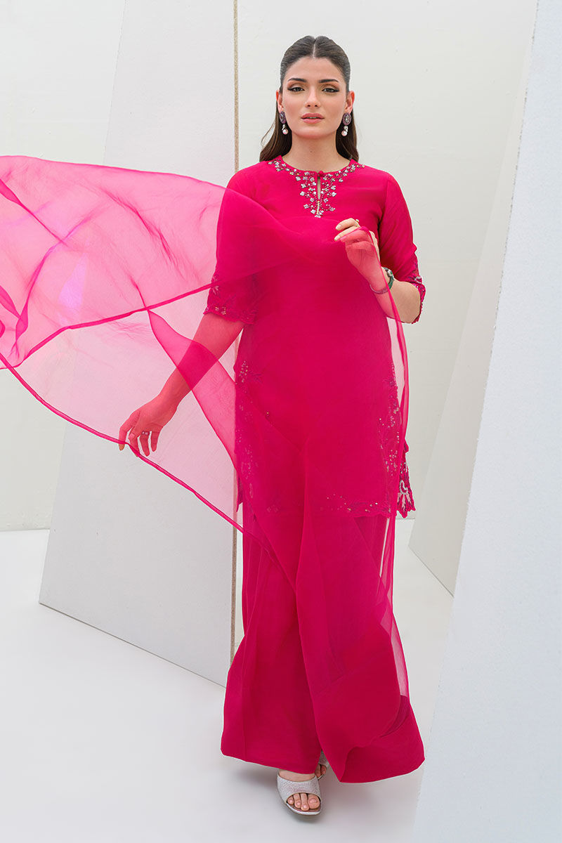 Hot Pink Organza Appliqué Salwar Kameez (3-Piece) - Image 3