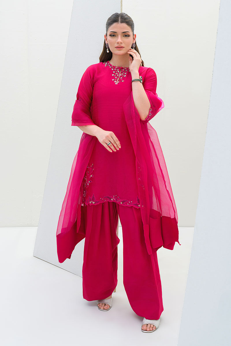 Hot Pink Organza Appliqué Salwar Kameez (3-Piece) - Image 4