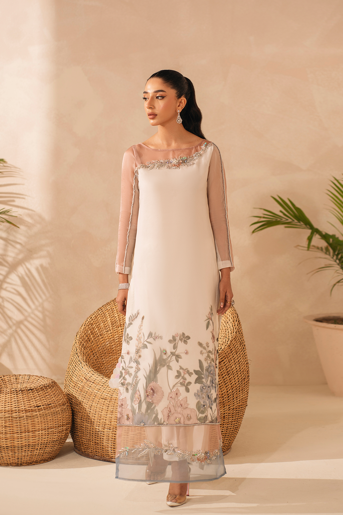 Pastel Pink & Blue Crystal Embellished Organza Salwar Kameez (2-Piece) - Image 1