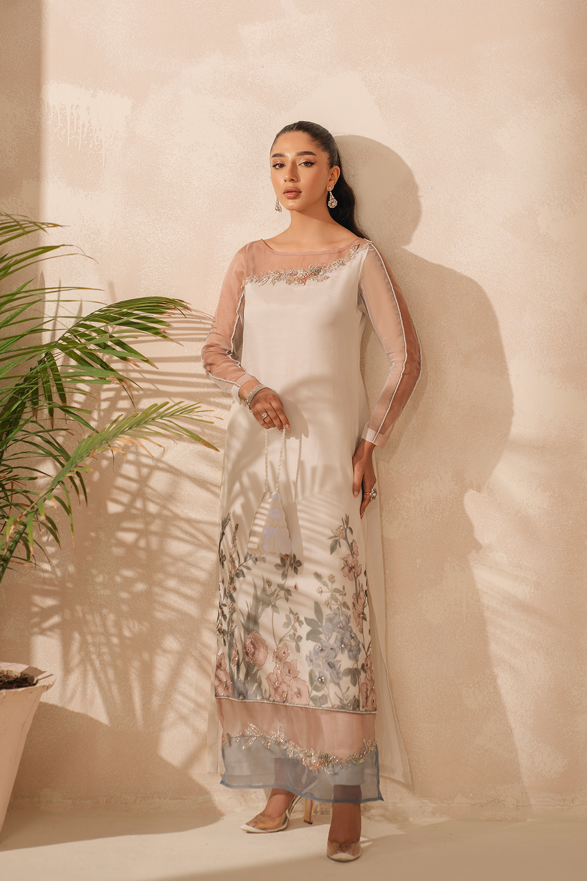 Pastel Pink & Blue Crystal Embellished Organza Salwar Kameez (2-Piece) - Image 3