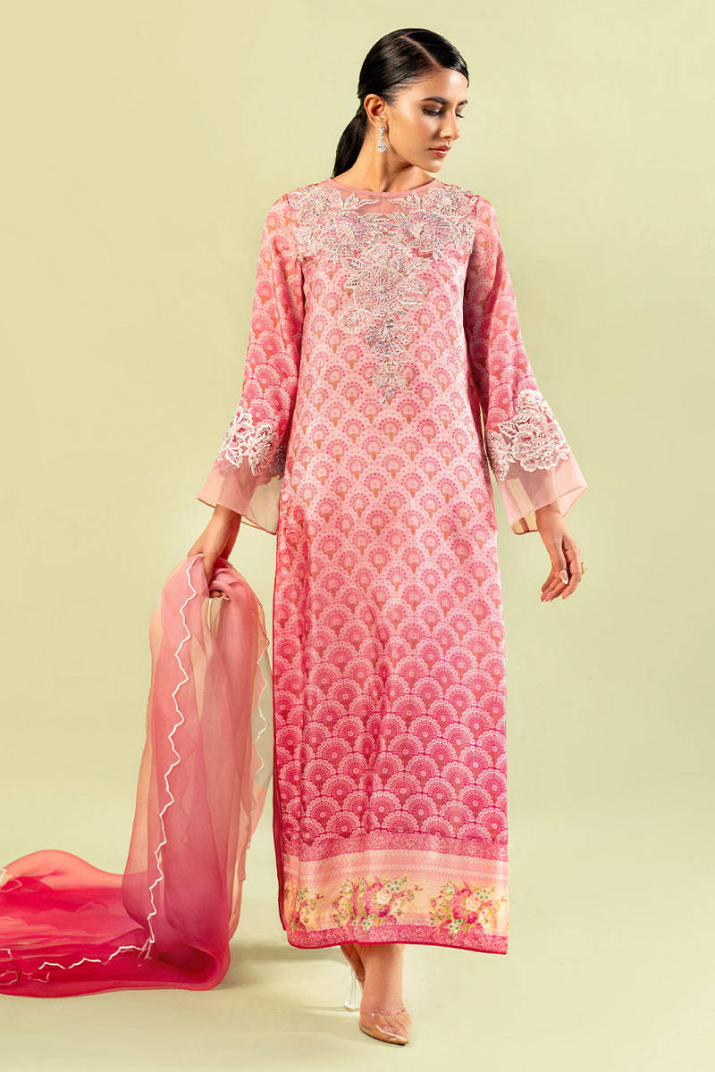 Pink Ombre Crystal Organza Salwar Kameez (3-Piece) - Image 1