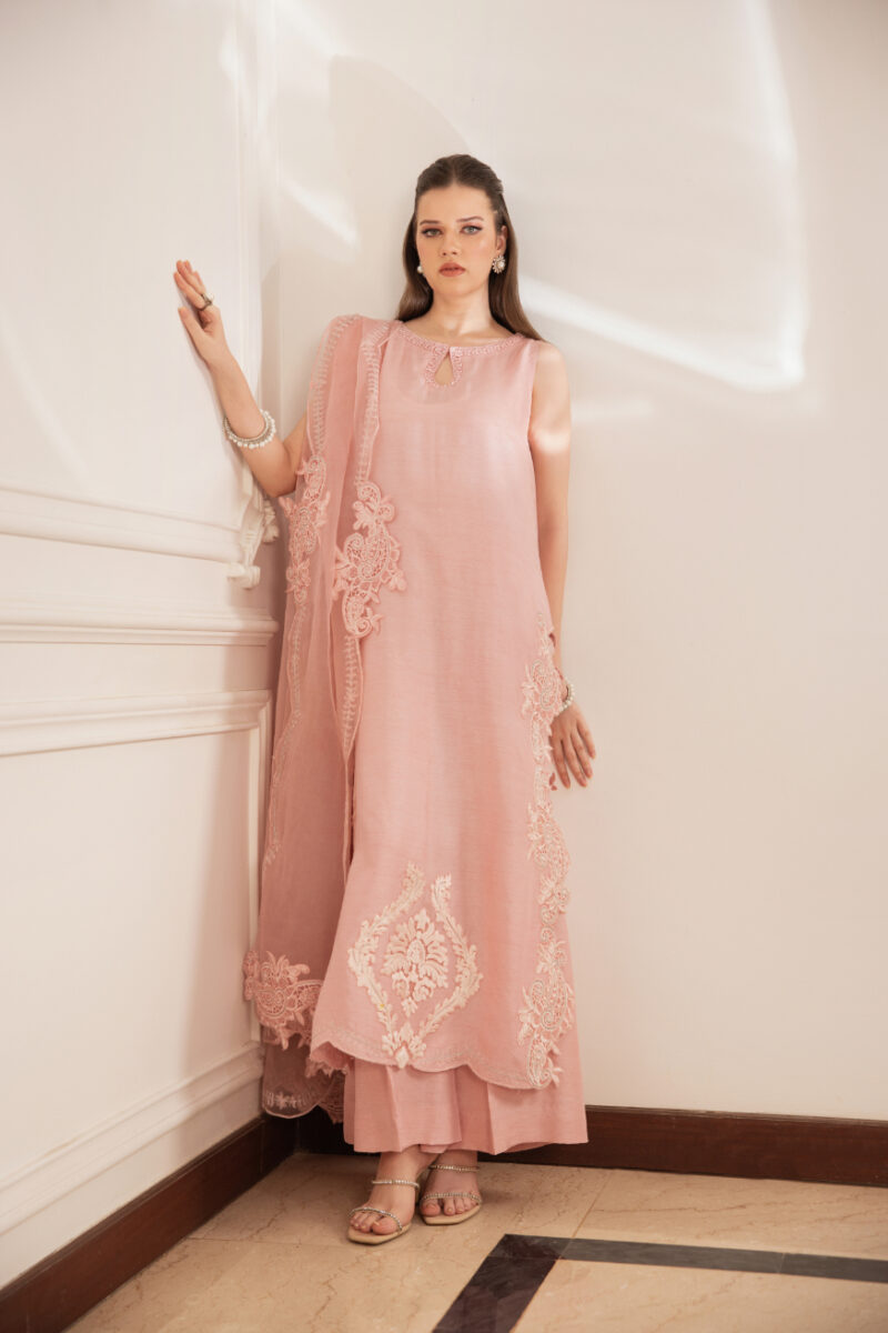 Pakistani Tea Pink Cutwork Embroidered Organza & Silk Kurta (3-Piece) - Image 1