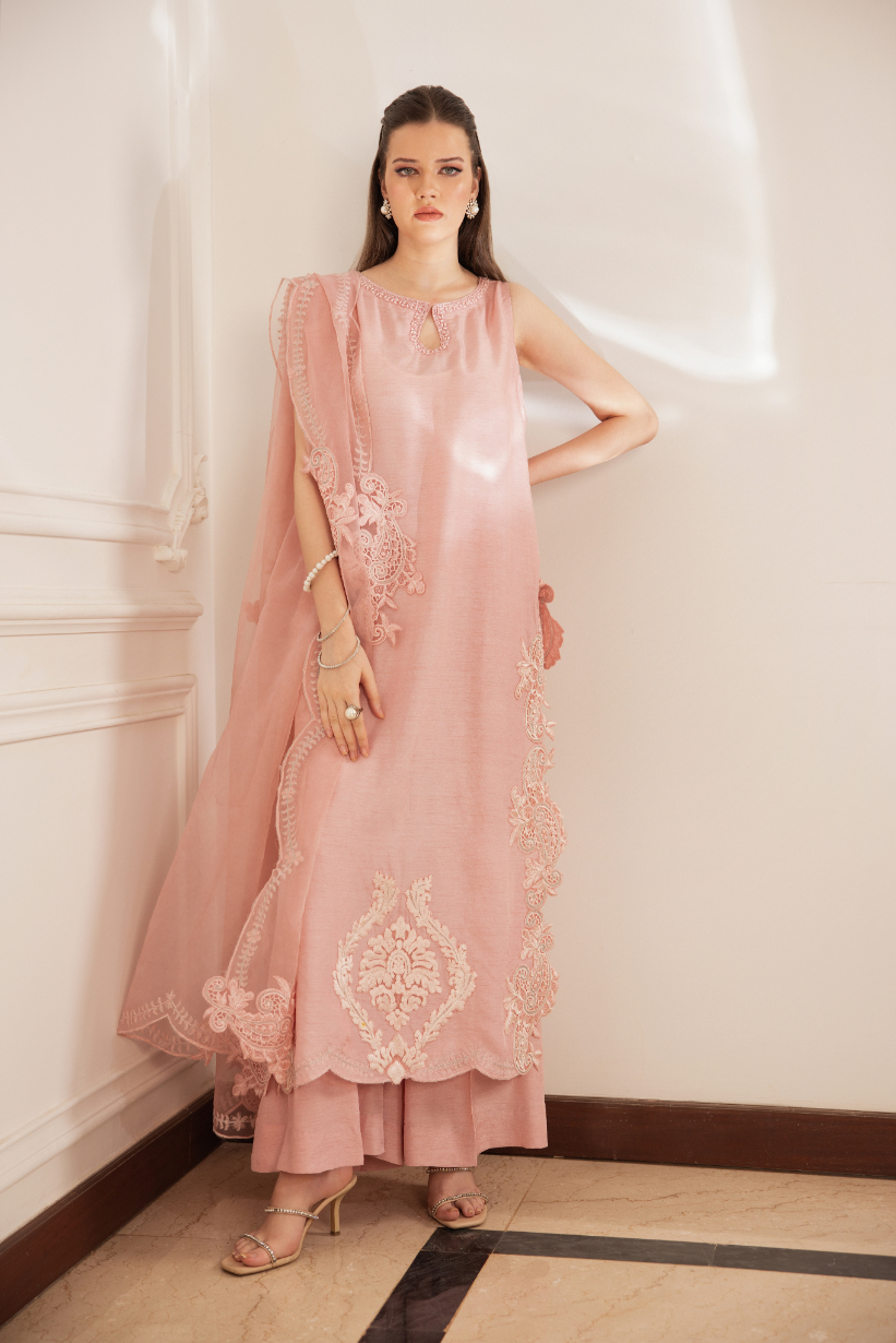 Pakistani Tea Pink Cutwork Embroidered Organza & Silk Kurta (3-Piece) - Image 3