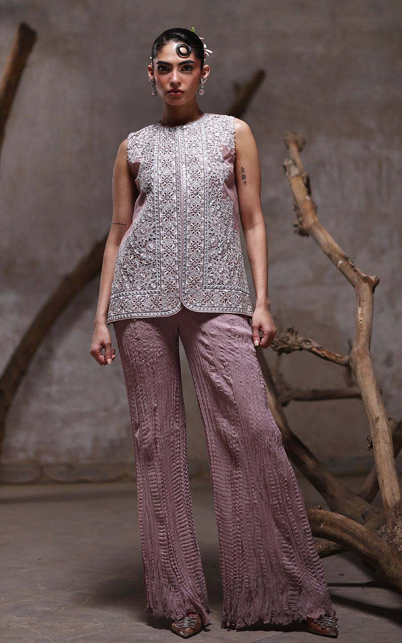 Pakistani Mauve Cutwork Embroidered Organza Jacket Set (2-Piece) - Image 3