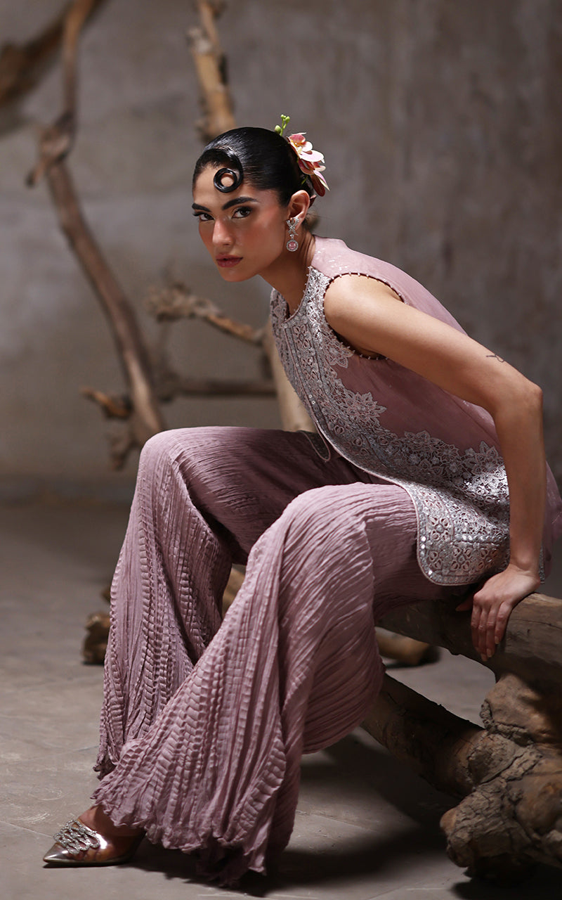 Pakistani Mauve Cutwork Embroidered Organza Jacket Set (2-Piece) - Image 4