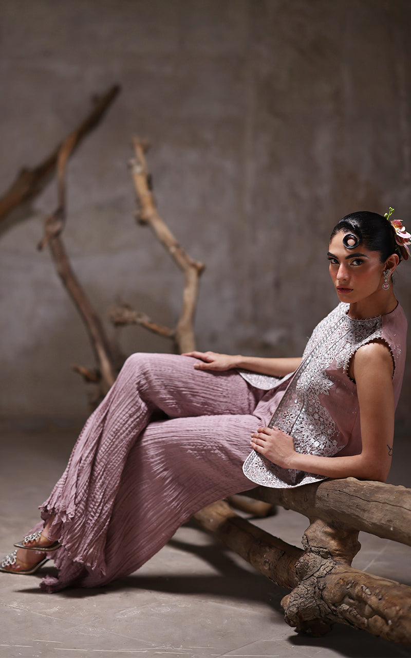 Pakistani Mauve Cutwork Embroidered Organza Jacket Set (2-Piece) - Image 5