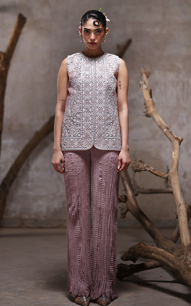 Pakistani Mauve Cutwork Embroidered Organza Jacket Set (2-Piece) - Image 6