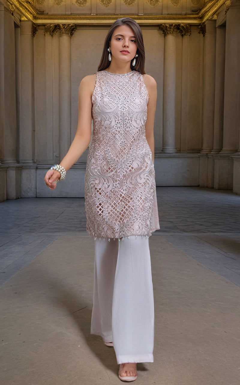 Blush Pink Cutwork Embroidered Organza Salwar Kameez (2-Piece) - Image 1