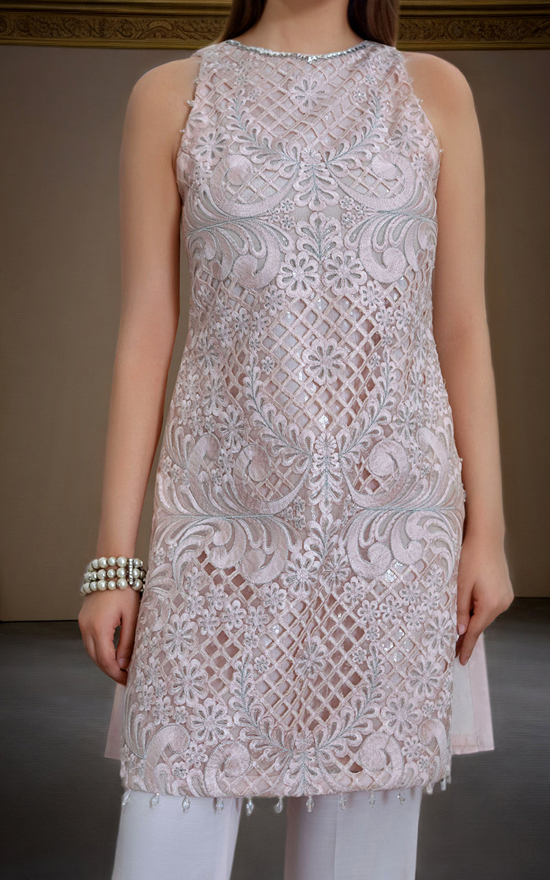 Blush Pink Cutwork Embroidered Organza Salwar Kameez (2-Piece) - Image 3