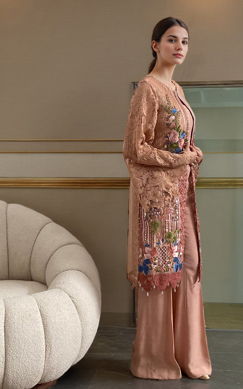 Peach Embroidered Organza Jacket & Wide-Leg Trousers (2-Piece) - Image 2