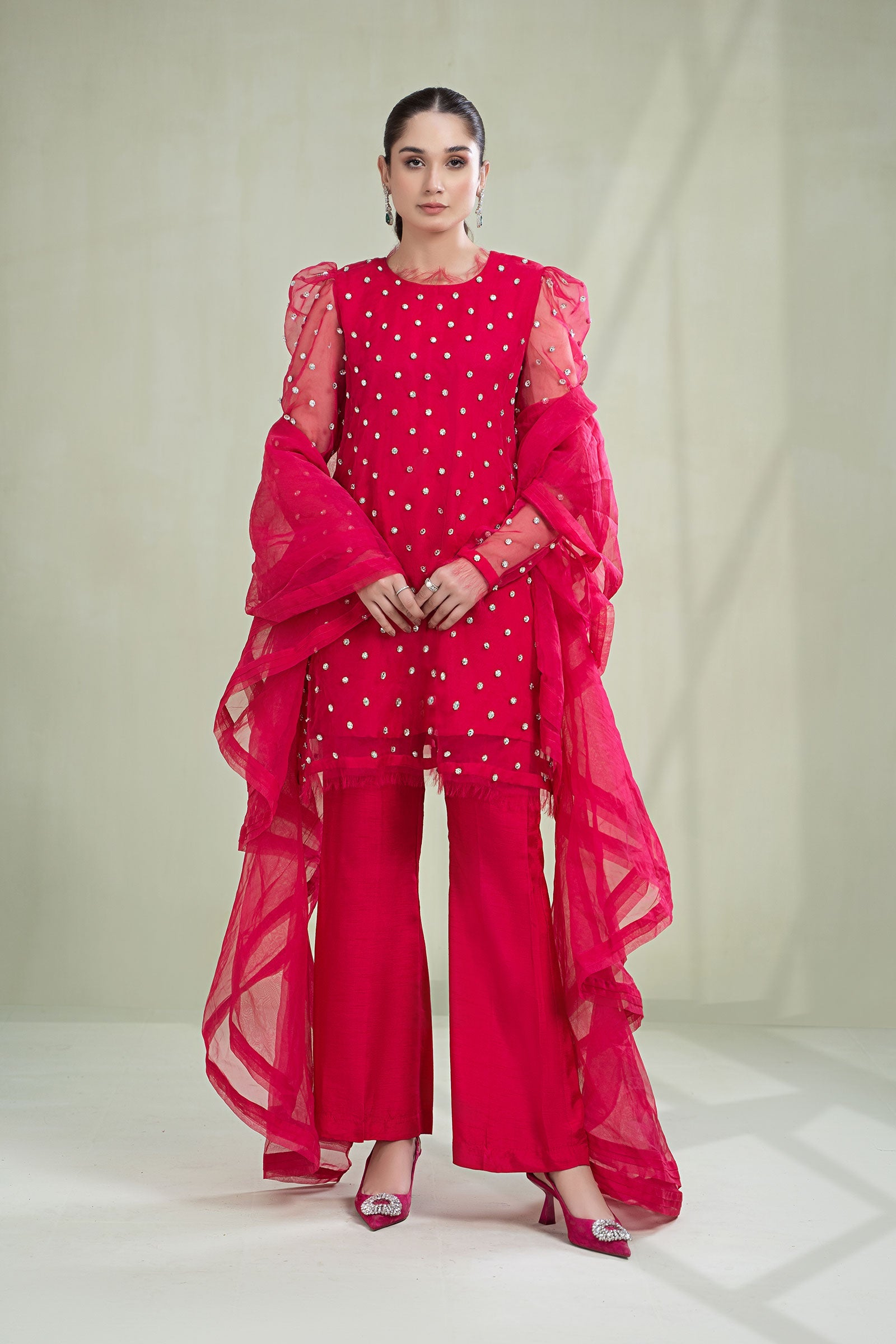 Fusion Pink Diamante Organza & Raw Silk Salwar Kameez (3-Piece) - Image 1