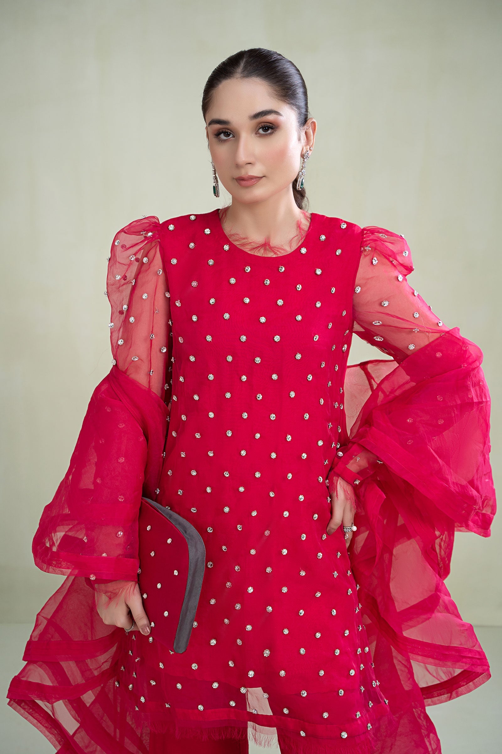 Fusion Pink Diamante Organza & Raw Silk Salwar Kameez (3-Piece) - Image 2