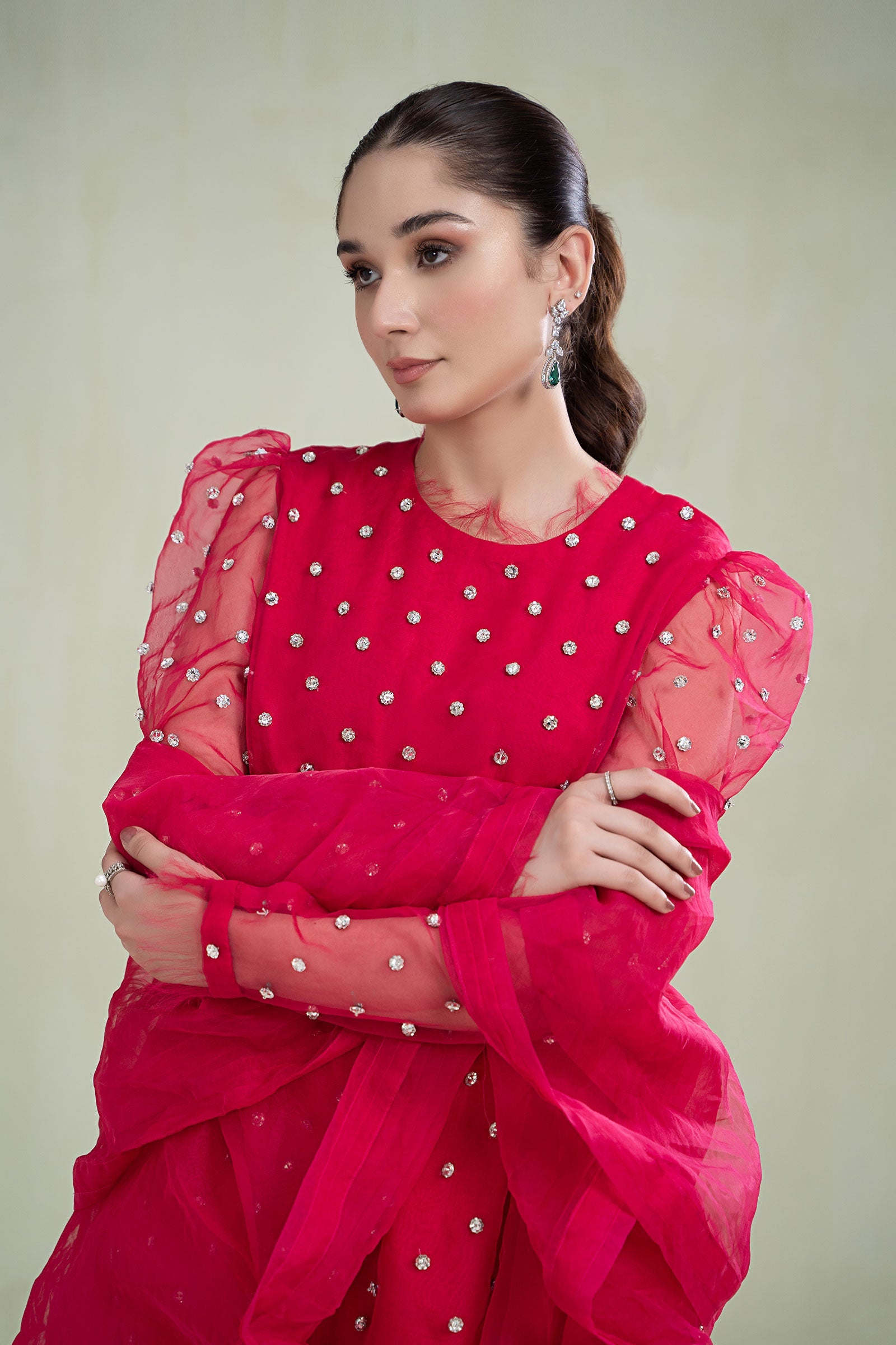 Fusion Pink Diamante Organza & Raw Silk Salwar Kameez (3-Piece) - Image 3