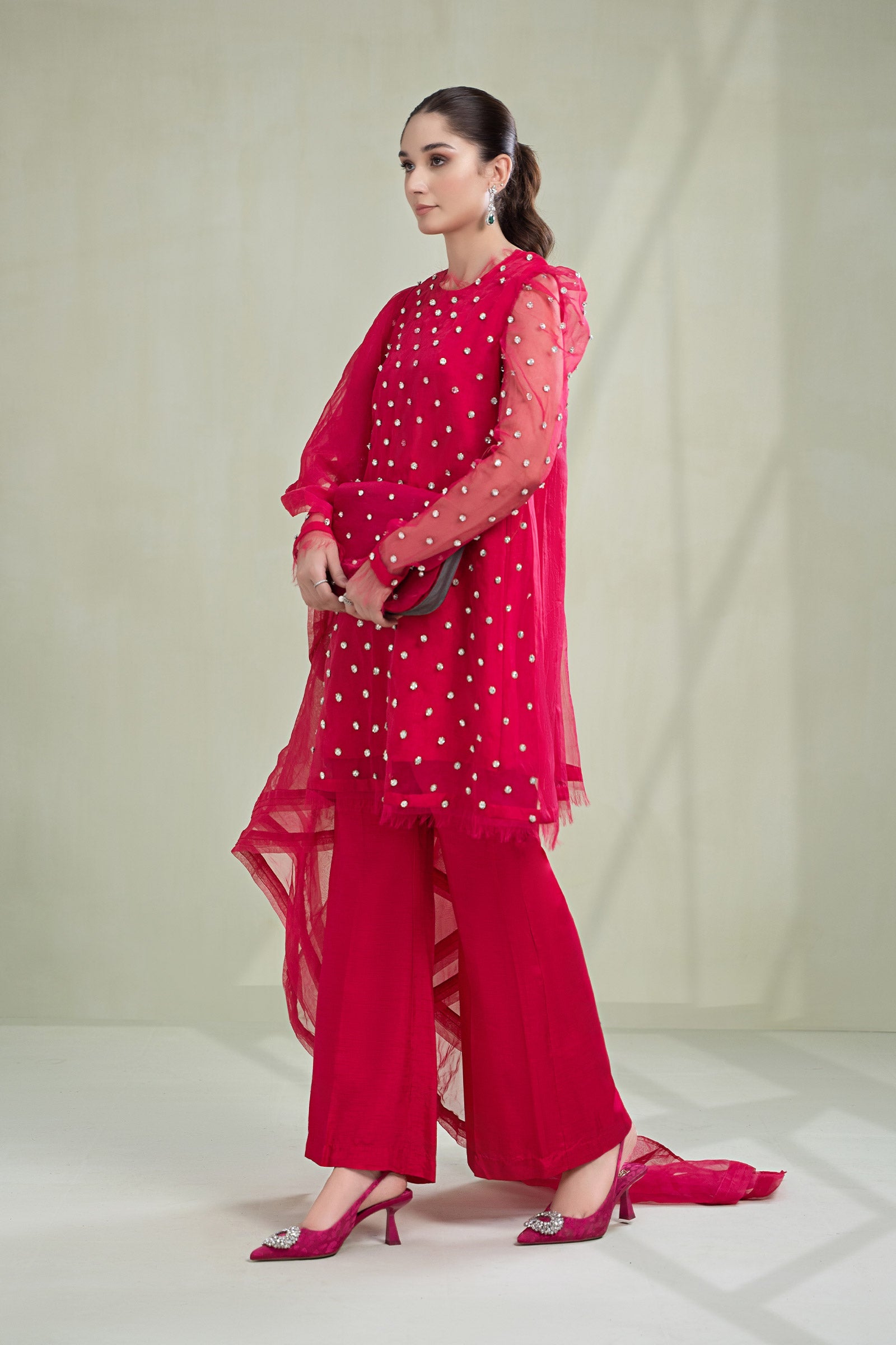 Fusion Pink Diamante Organza & Raw Silk Salwar Kameez (3-Piece) - Image 4