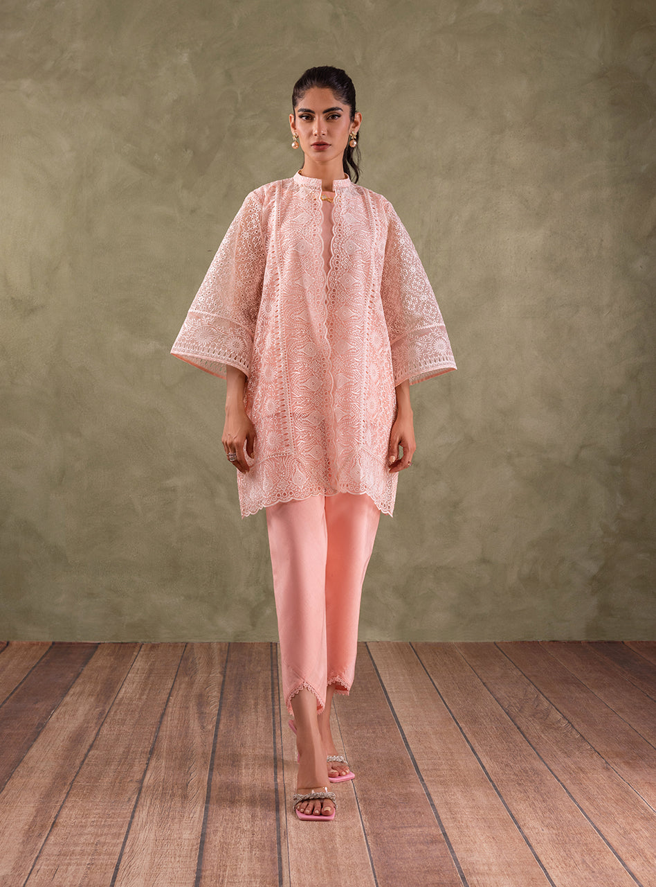 Peach Pink Embroidered Organza Coat 3-Piece - Image 1