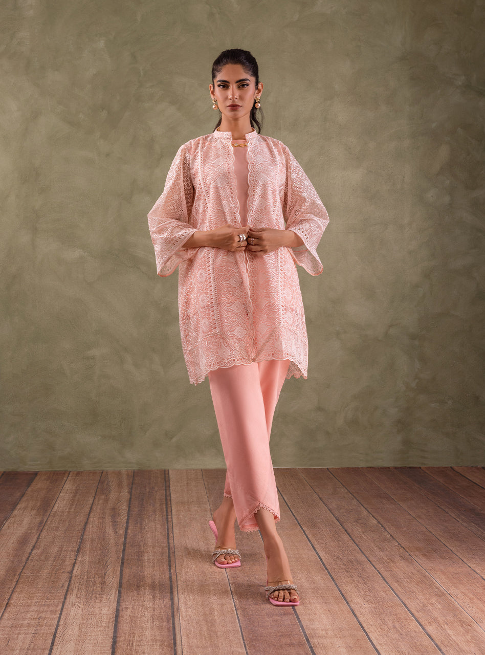Peach Pink Embroidered Organza Coat 3-Piece - Image 2