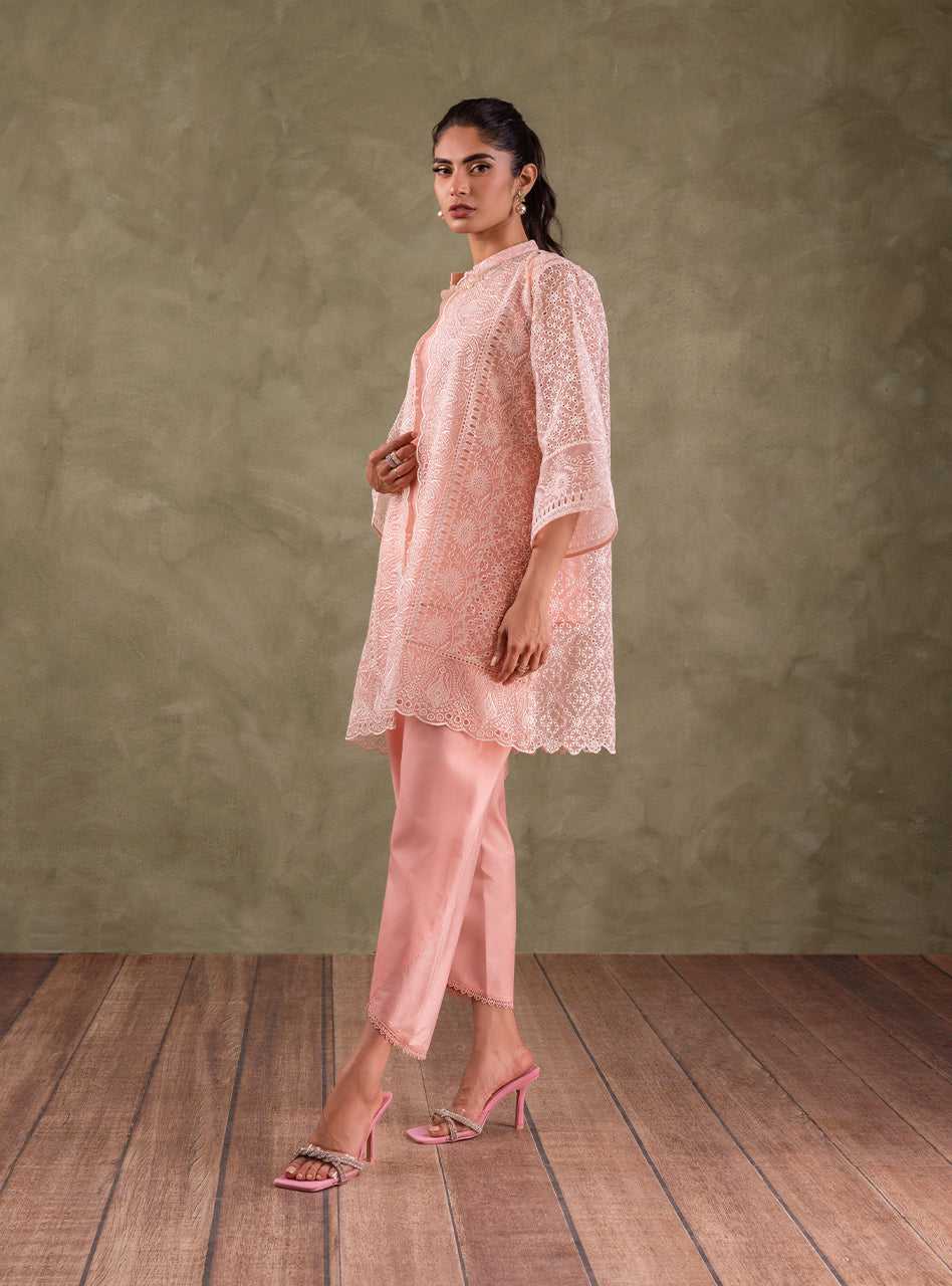 Peach Pink Embroidered Organza Coat 3-Piece - Image 3