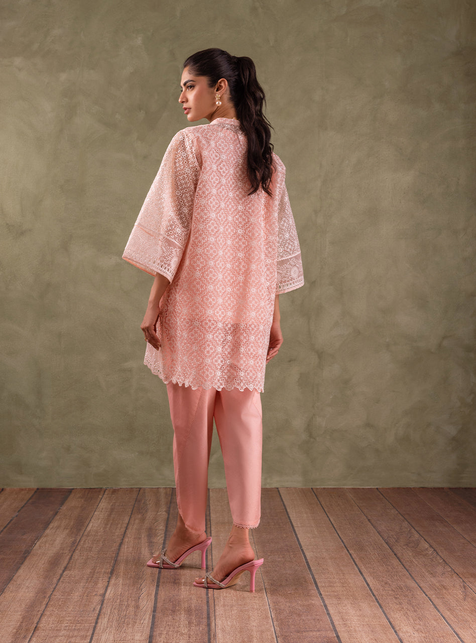 Peach Pink Embroidered Organza Coat 3-Piece - Image 4