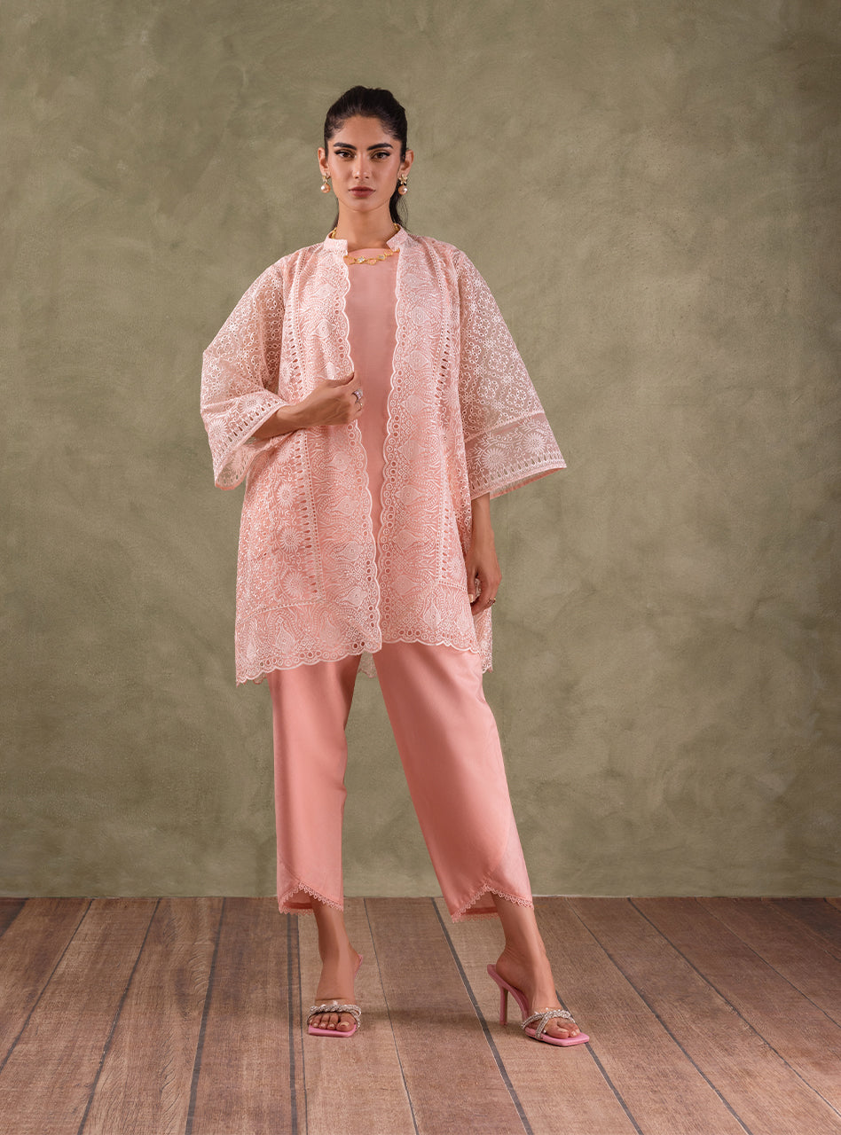 Peach Pink Embroidered Organza Coat 3-Piece - Image 5