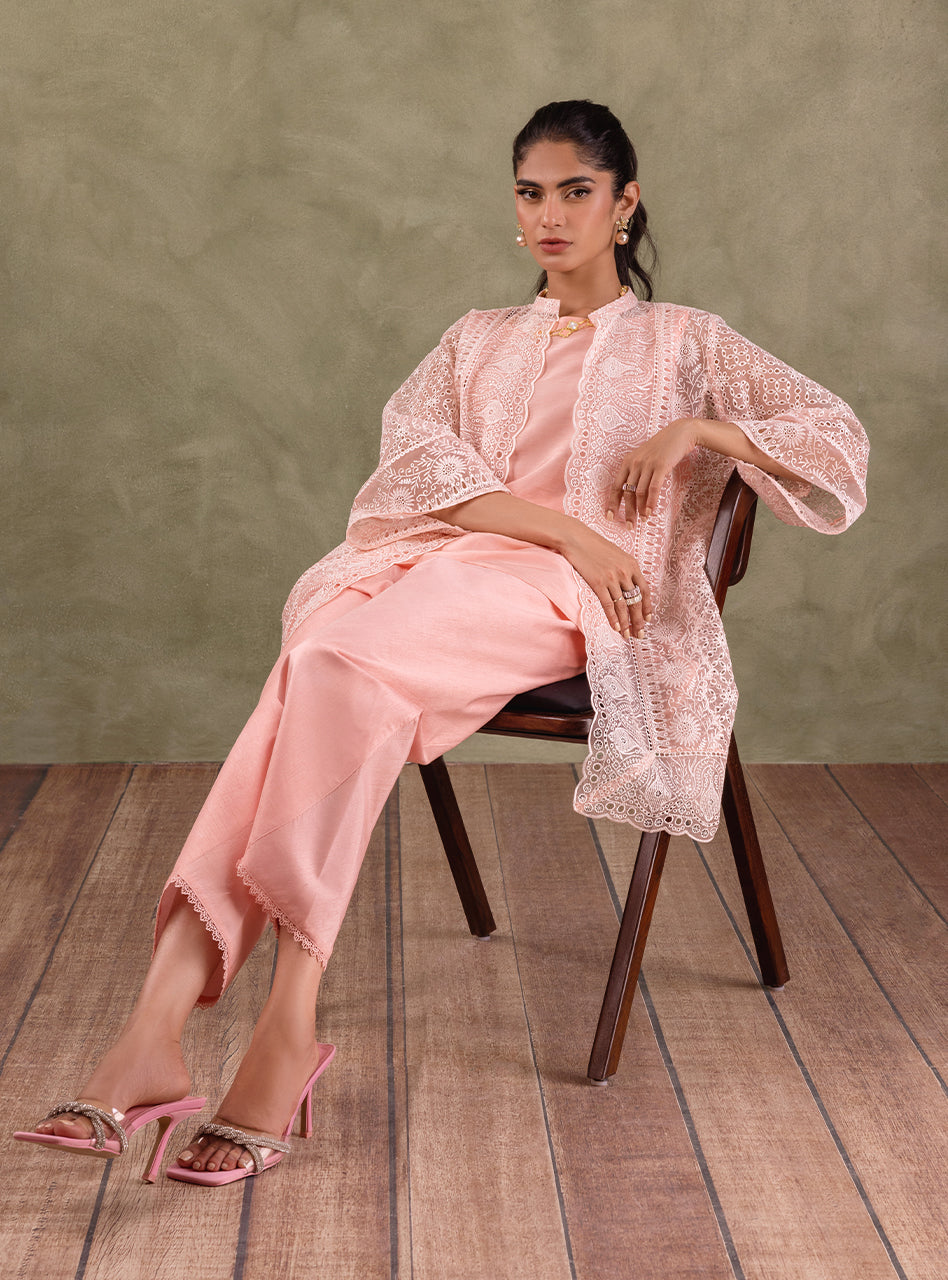 Peach Pink Embroidered Organza Coat 3-Piece - Image 7