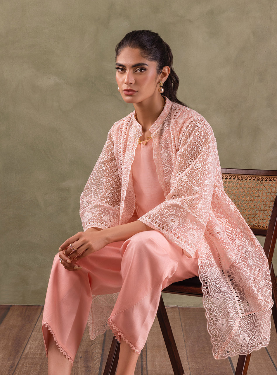Peach Pink Embroidered Organza Coat 3-Piece - Image 8
