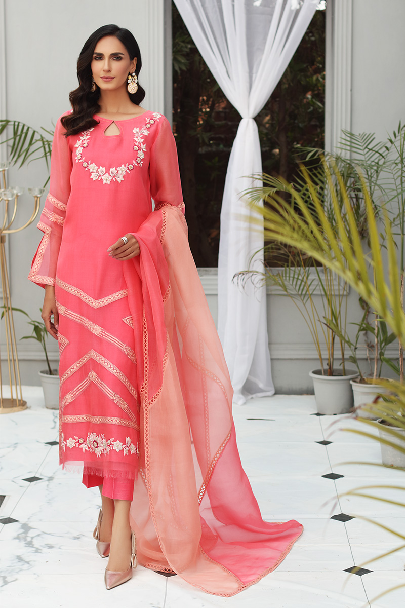Coral Embroidered Organza & Silk Salwar Kameez (3-Piece) - Image 1