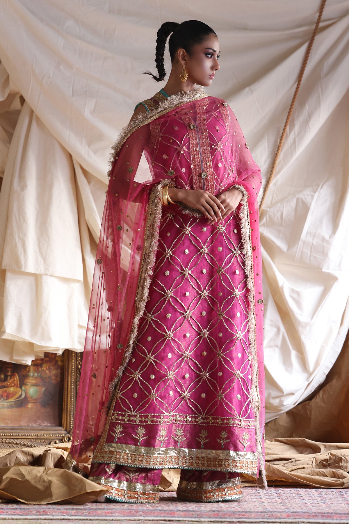 Pakistani Fuchsia Pink Embroidered Organza Salwar Kameez (3-Piece) - Image 1