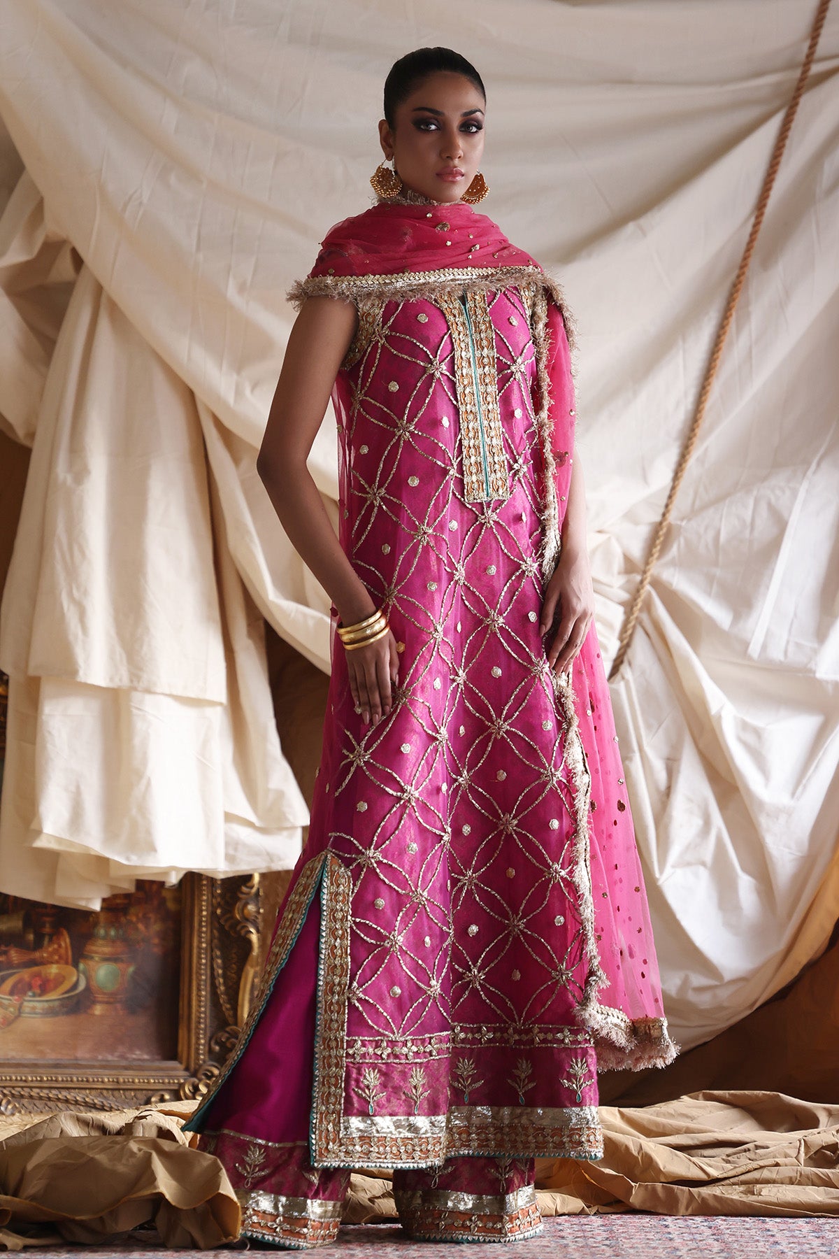 Pakistani Fuchsia Pink Embroidered Organza Salwar Kameez (3-Piece) - Image 2