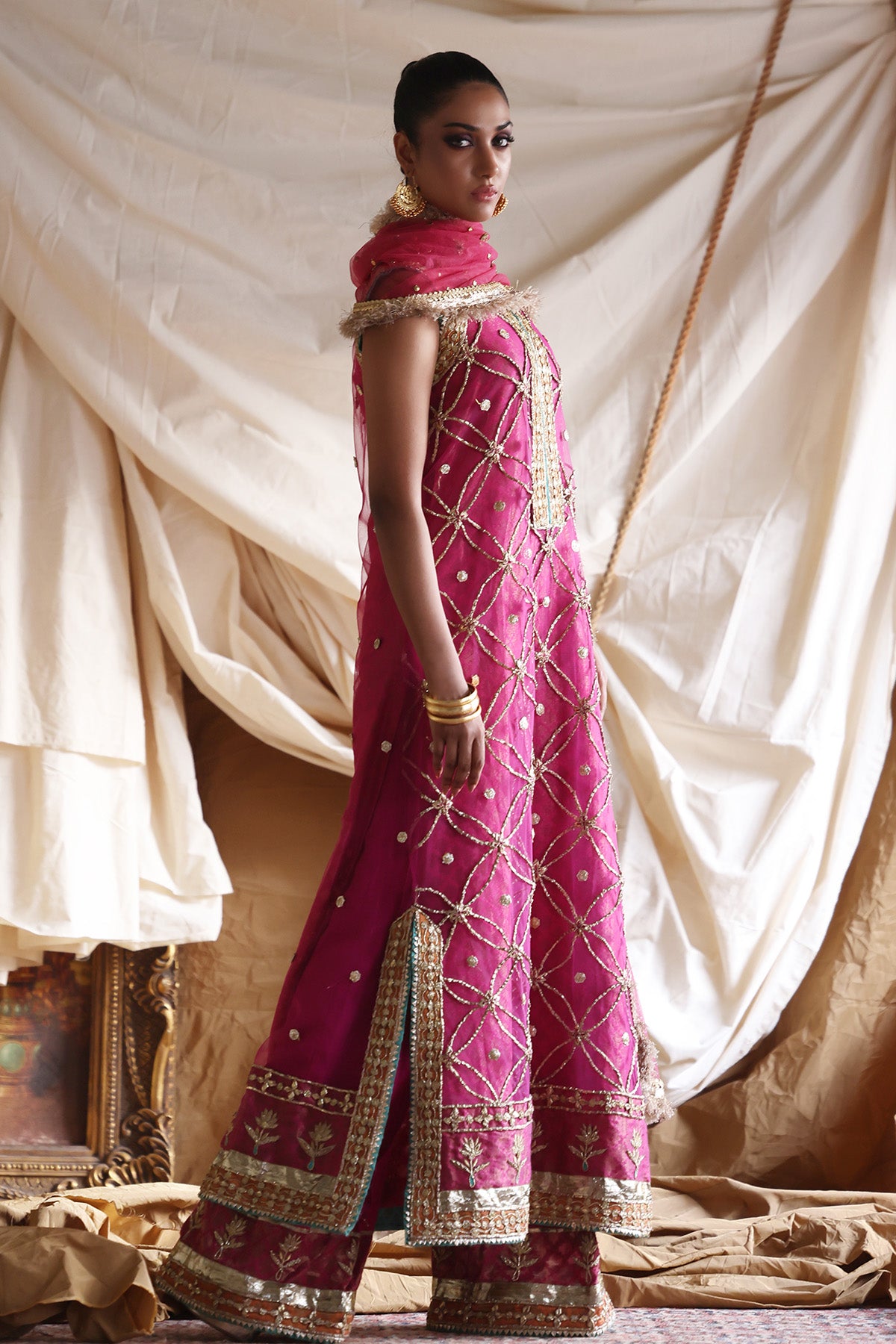 Pakistani Fuchsia Pink Embroidered Organza Salwar Kameez (3-Piece) - Image 3