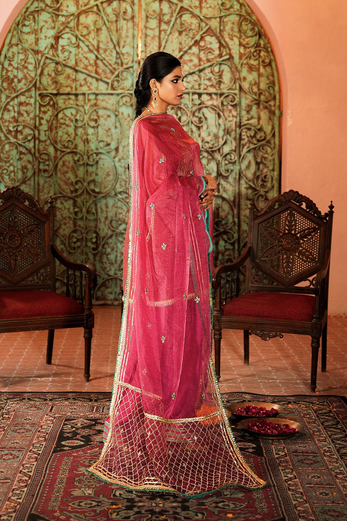 Dark Pink Gota Work Organza Salwar Kameez (3-Piece) - Image 1