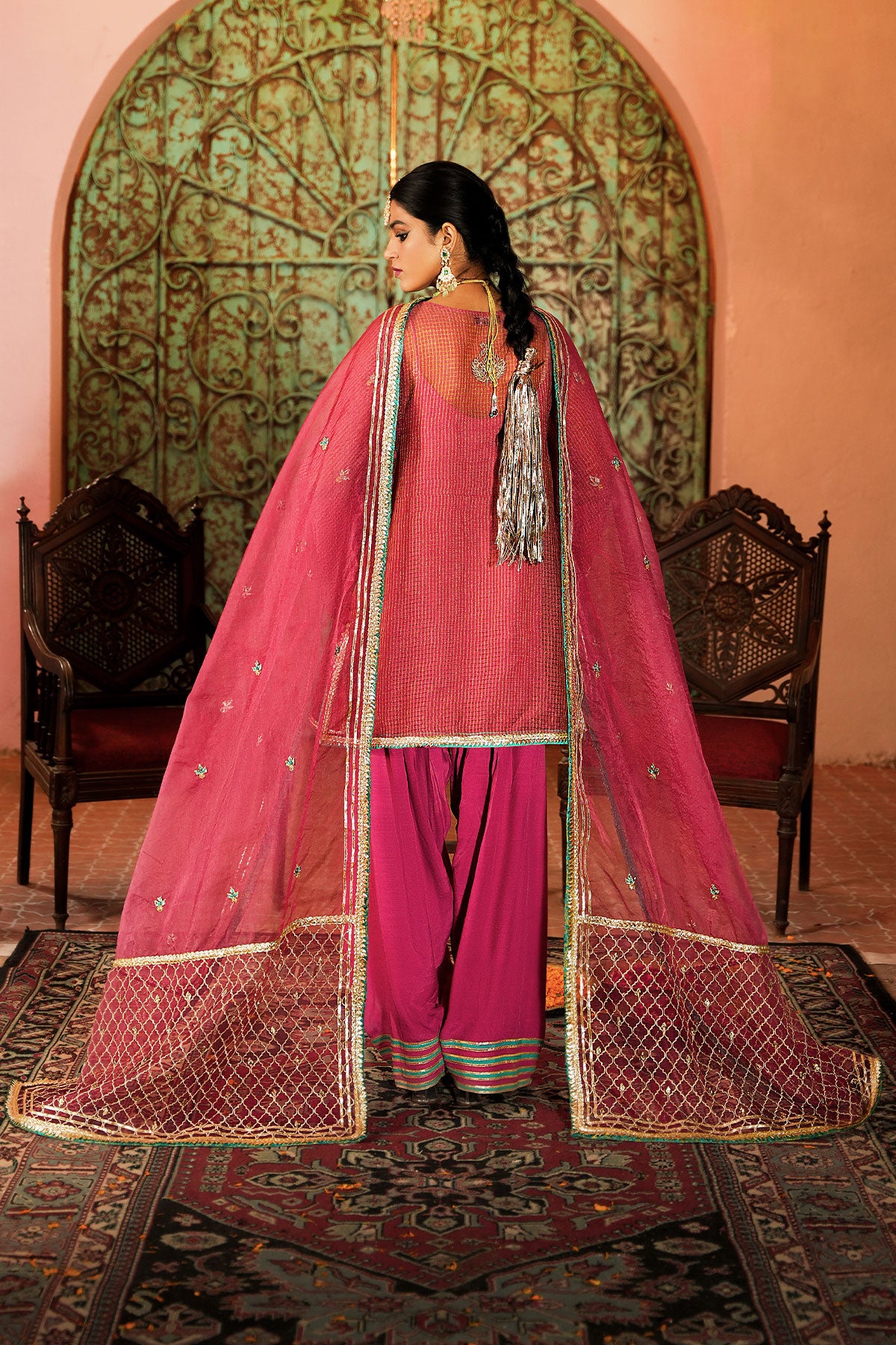 Dark Pink Gota Work Organza Salwar Kameez (3-Piece) - Image 2