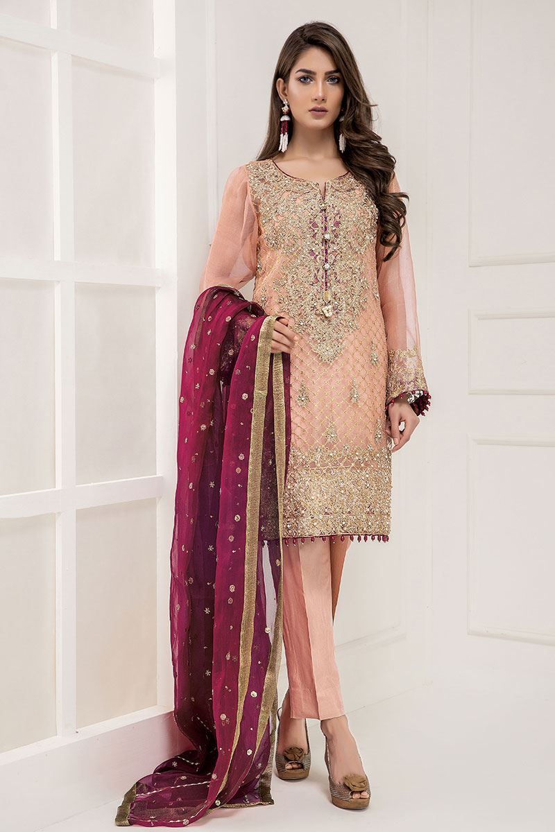 Peach Embroidered Organza Salwar Kameez (3-Piece) - Image 1
