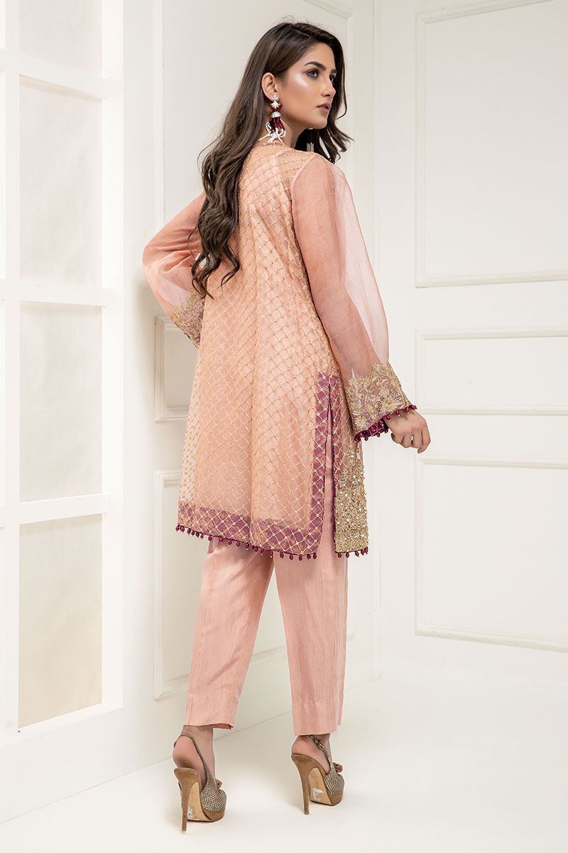 Peach Embroidered Organza Salwar Kameez (3-Piece) - Image 3