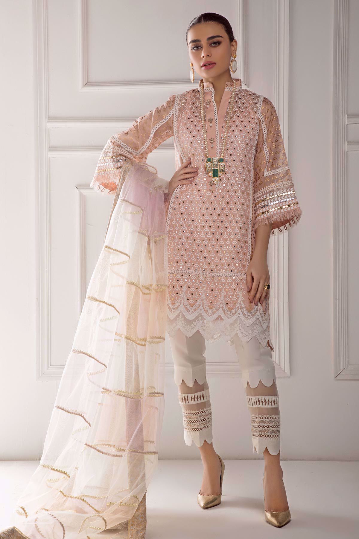 Blush Pink Kaamdani Pure Organza Kurta Set (3-Piece) - Image 1