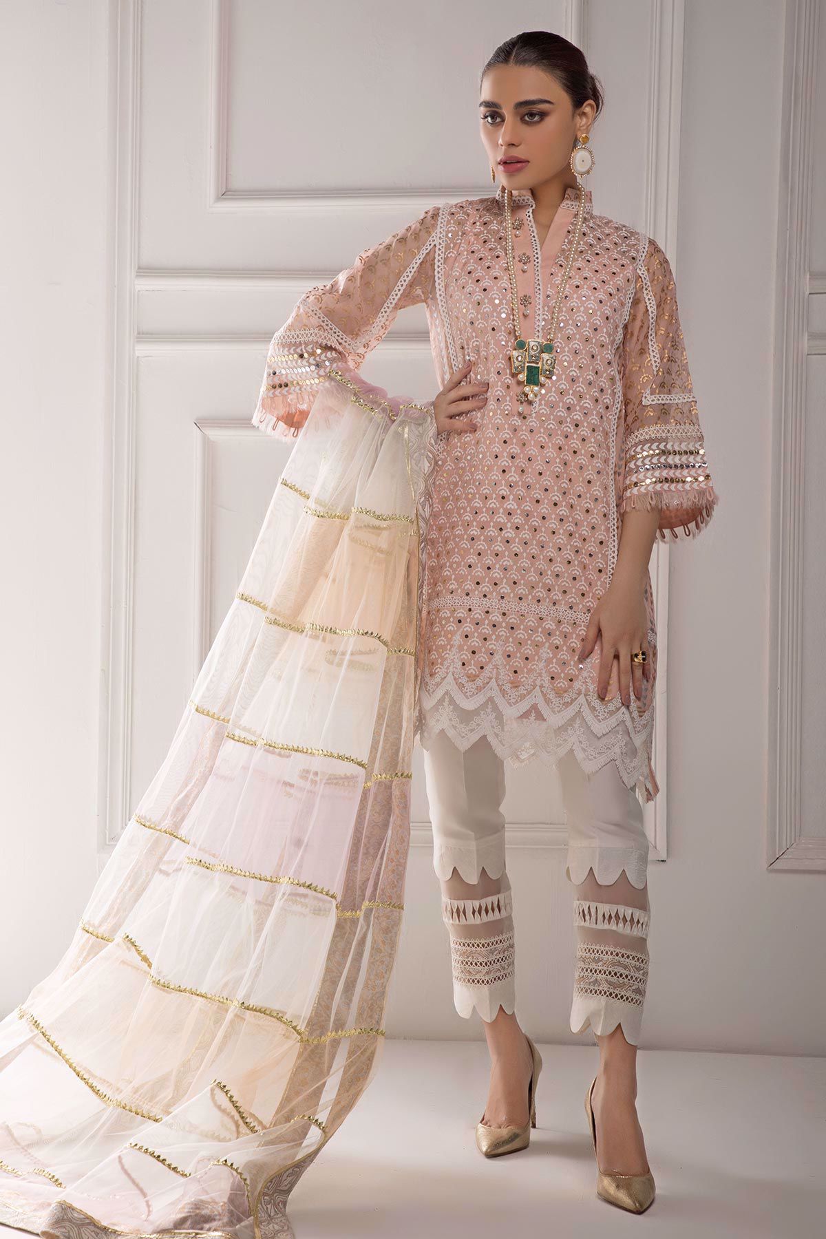 Blush Pink Kaamdani Pure Organza Kurta Set (3-Piece) - Image 2