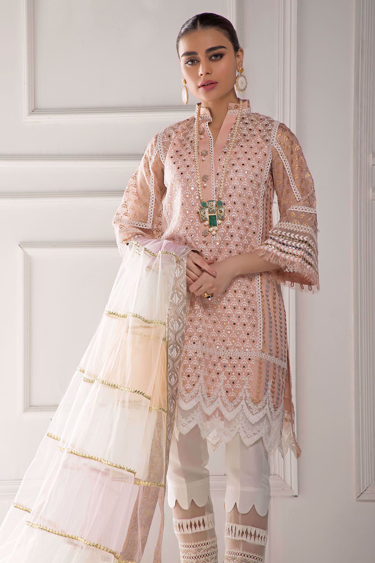 Blush Pink Kaamdani Pure Organza Kurta Set (3-Piece) - Image 4