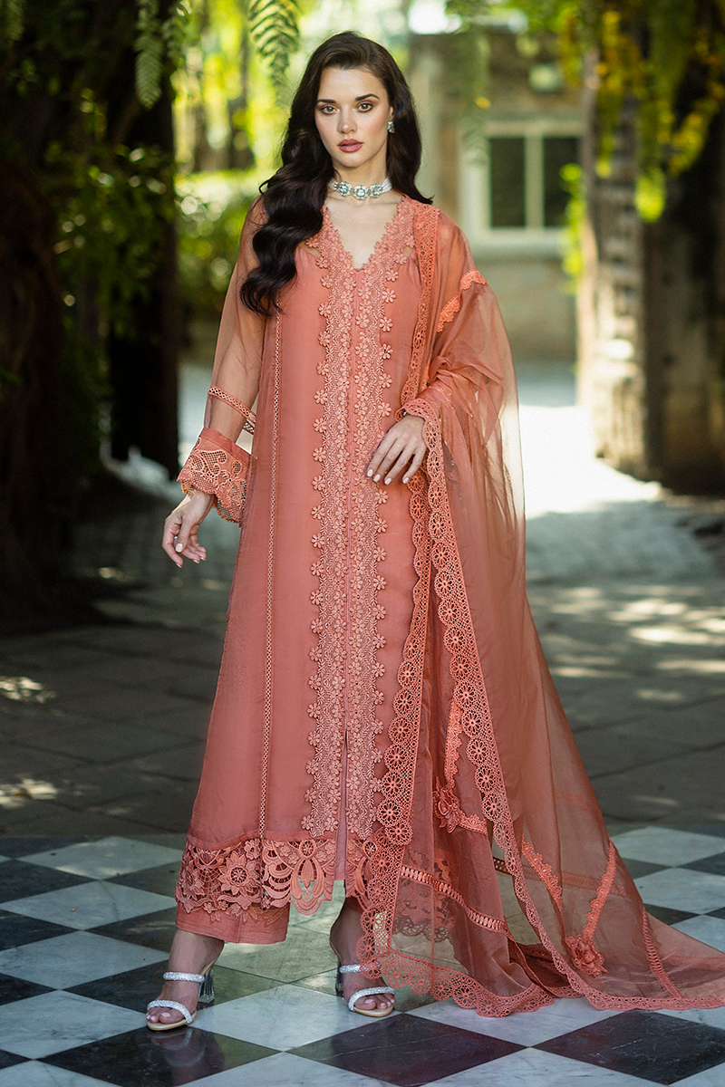 Pakistani Coral Embroidered Organza Salwar Kameez (3-Piece) - Image 1