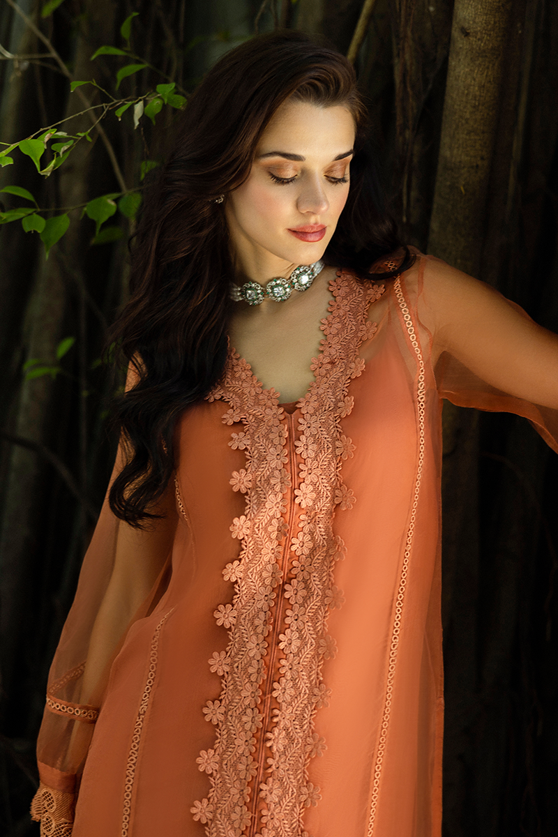 Pakistani Coral Embroidered Organza Salwar Kameez (3-Piece) - Image 11