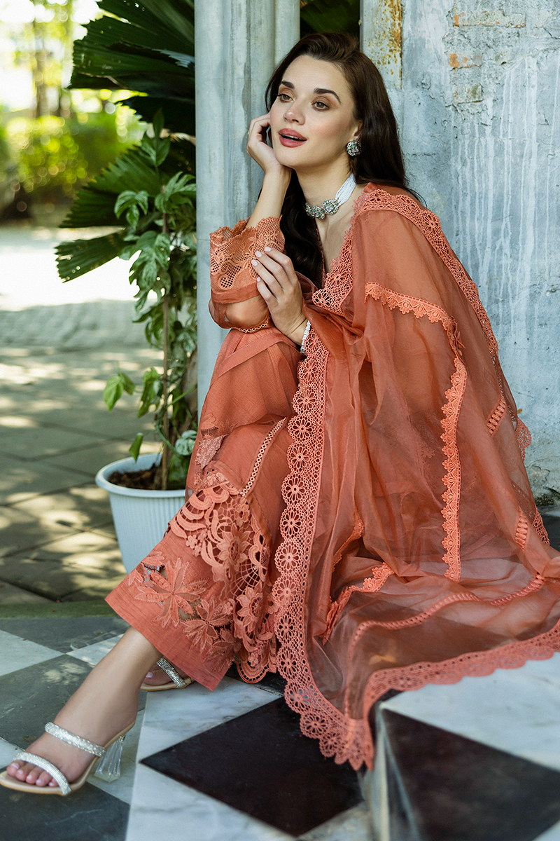 Pakistani Coral Embroidered Organza Salwar Kameez (3-Piece) - Image 12