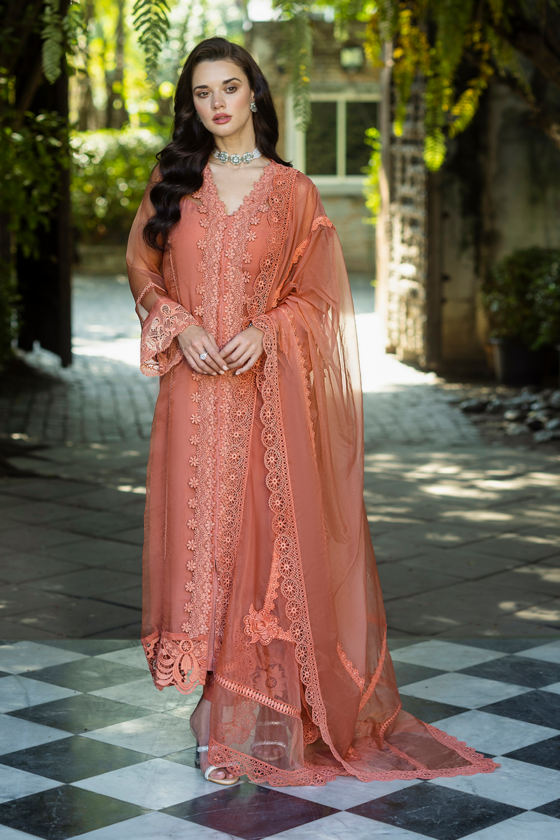 Pakistani Coral Embroidered Organza Salwar Kameez (3-Piece) - Image 13
