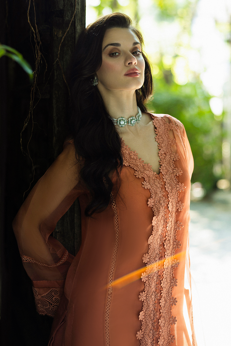 Pakistani Coral Embroidered Organza Salwar Kameez (3-Piece) - Image 14