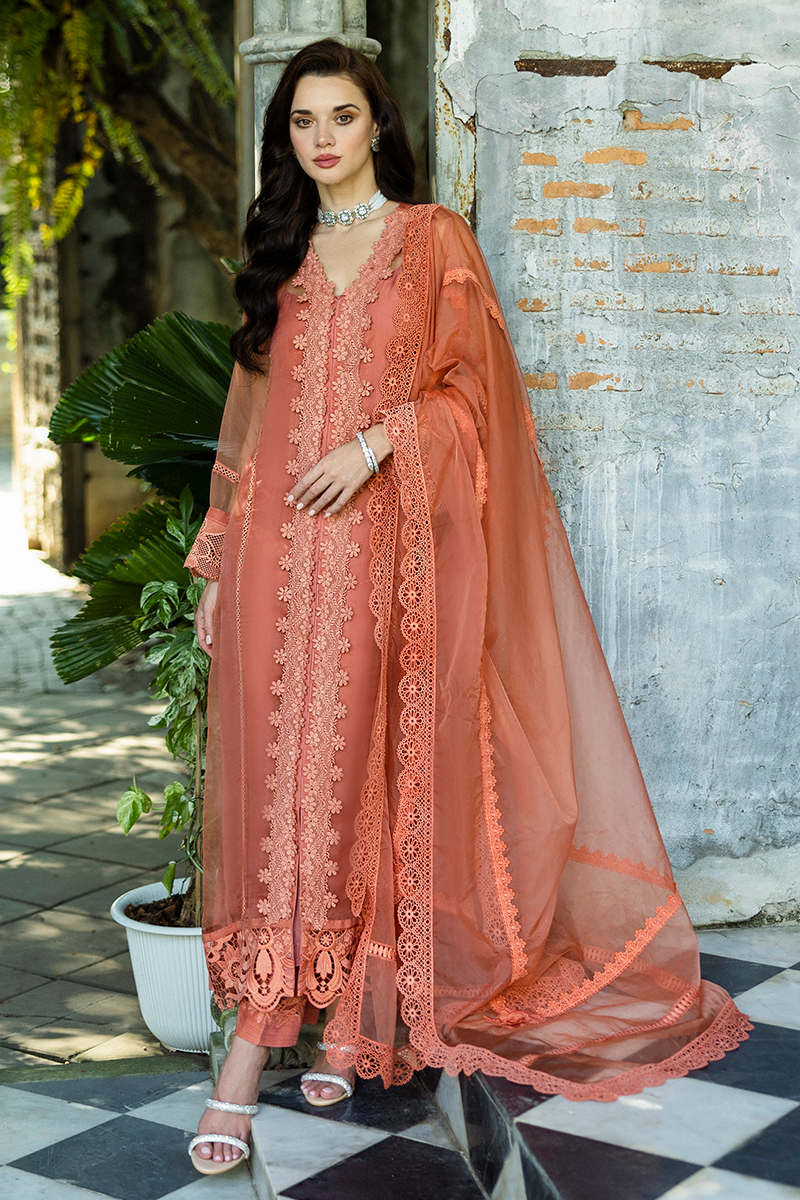 Pakistani Coral Embroidered Organza Salwar Kameez (3-Piece) - Image 15