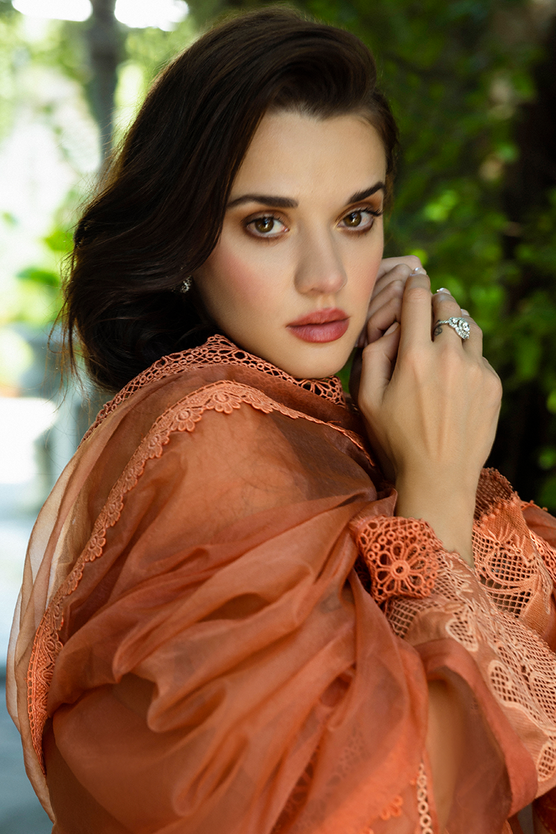 Pakistani Coral Embroidered Organza Salwar Kameez (3-Piece) - Image 16