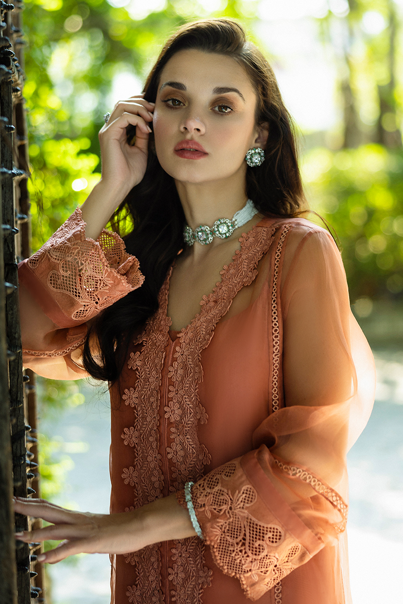 Pakistani Coral Embroidered Organza Salwar Kameez (3-Piece) - Image 17