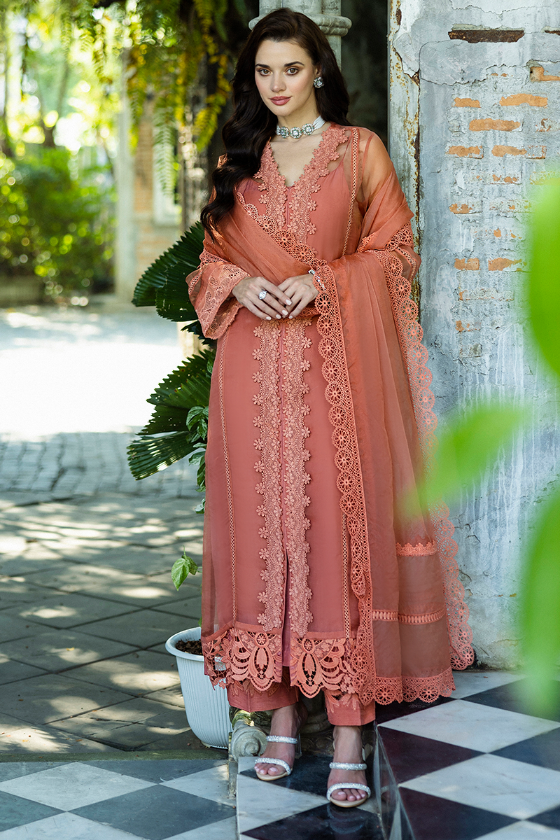 Pakistani Coral Embroidered Organza Salwar Kameez (3-Piece) - Image 18