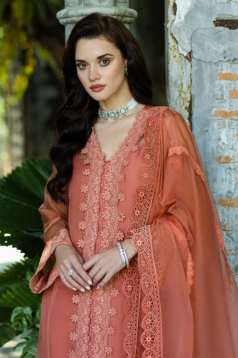 Pakistani Coral Embroidered Organza Salwar Kameez (3-Piece) - Image 2