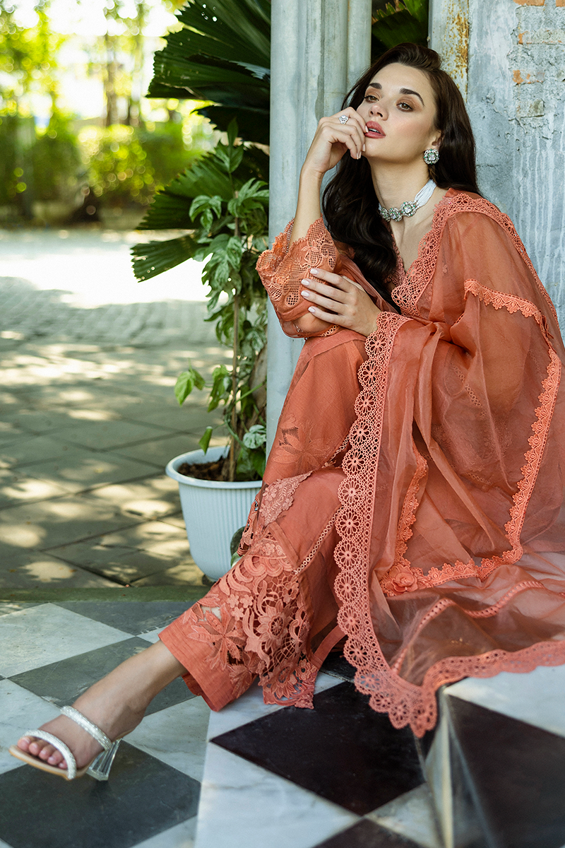 Pakistani Coral Embroidered Organza Salwar Kameez (3-Piece) - Image 20