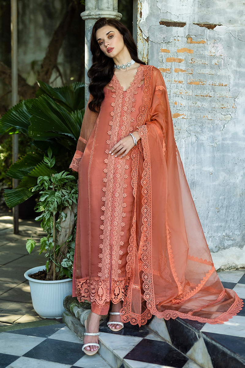Pakistani Coral Embroidered Organza Salwar Kameez (3-Piece) - Image 21